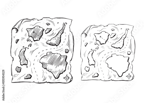 Aged medieval isle place plan card on white water backdrop. Game view. Freehand line black ink hand drawn journey way icon sign sketch in art cartoon doodle note etch style pen on paper space for text