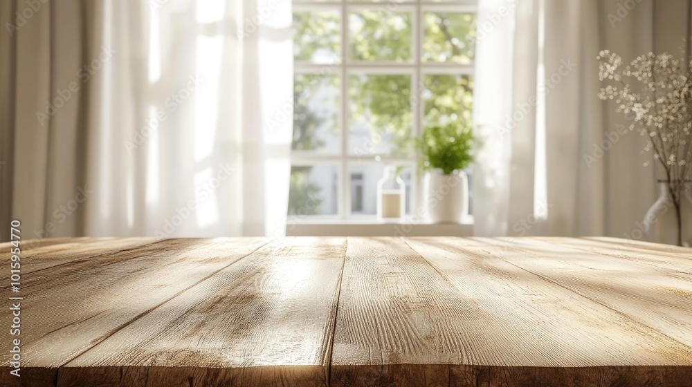 Sunlit wooden countertop with white curtains in the background, creating a warm, inviting space for food, home, or beauty product mockups. Sunlit wooden countertop with white curtains in the background, creating a warm, inviting space for food, home, or beauty product mockups.