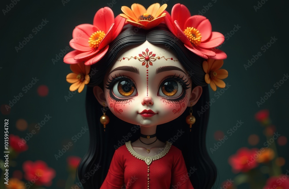 Close up portrait of cartoon girl with Sugar-skull girl make-up and costume, prepares for Mexican carnival poses against dark background. Halloween Close up portrait of cartoon girl with Sugar-skull girl make-up and costume, prepares for Mexican carnival poses against dark background. Halloween