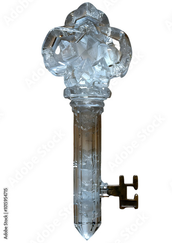 old vintage key made of white crystal isolated on transparent background