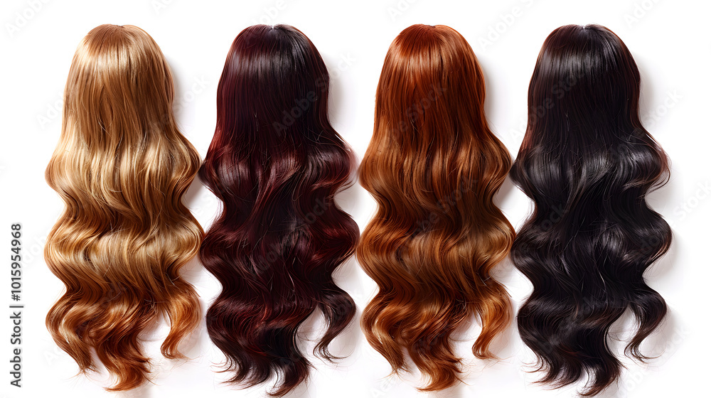 set of women hair wig Stylish hair wig set with trendy design isolated on white background, front view, fashionable set of women hair wig Stylish hair wig set with trendy design isolated on white background, front view, fashionable
