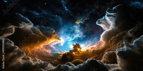 A breathtaking image of a vibrant nebula in deep space, featuring swirling clouds of blue and orange light, surrounded by a star-filled galaxy in a vast and mysterious cosmic landscape.