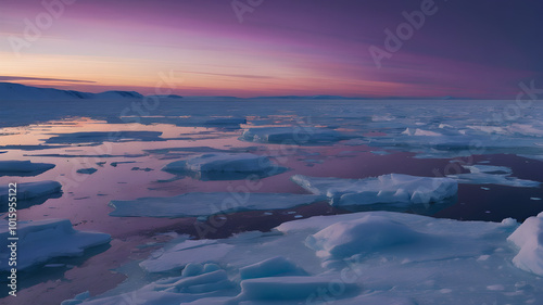 A frigid polar sky with deep blues and purples, with the last rays of sunlight just visible over the horizon, reflecting on ice-covered terrain
