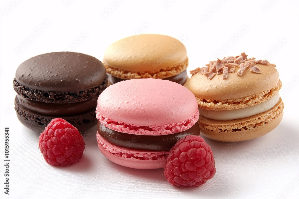 Four different colored macarons with raspberries on top Four different colored macarons with raspberries on top