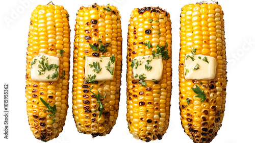 Grilled corn on the cob with butter and herbs, isolated on a white background