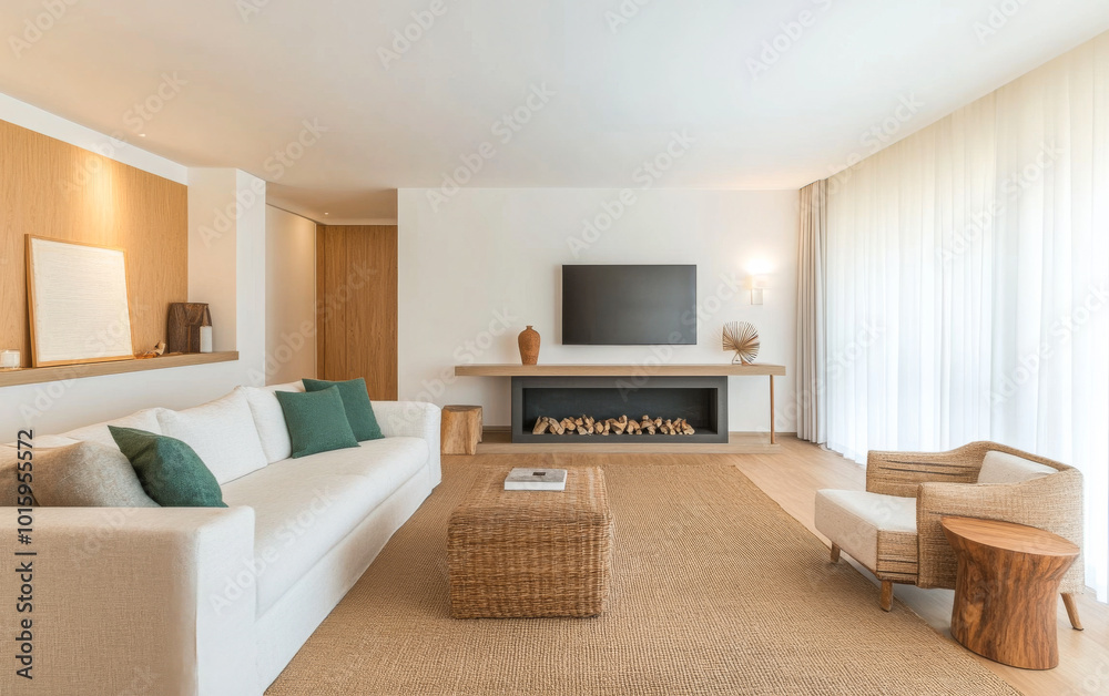 Modern living room with natural light and minimalist decor featuring a cozy sofa and fireplace Modern living room with natural light and minimalist decor featuring a cozy sofa and fireplace