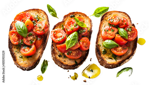 Bruschetta with fresh tomatoes, basil, and olive oil on toasted bread, isolated on white
