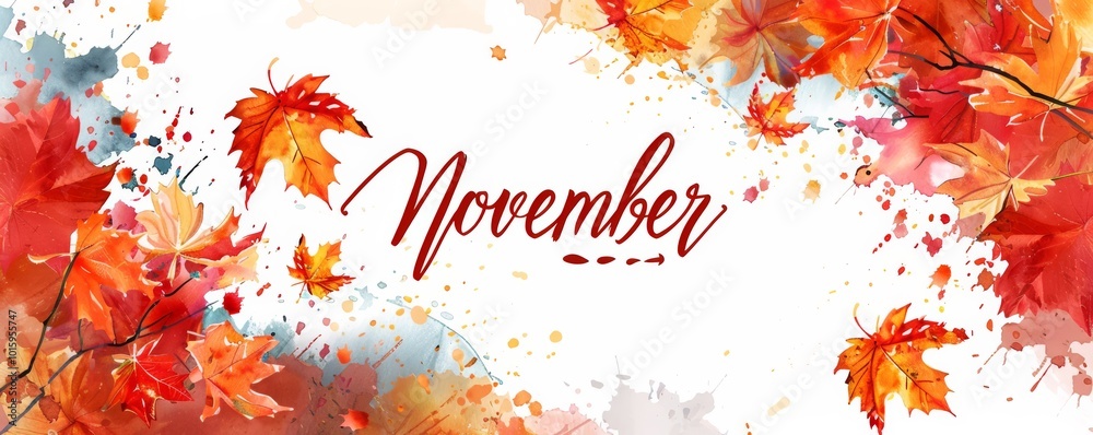 Hello November - lettering calligraphy with colorful watercolor painted autumn leaves frame, fall concept. Template for seasonal promotional background or banner.