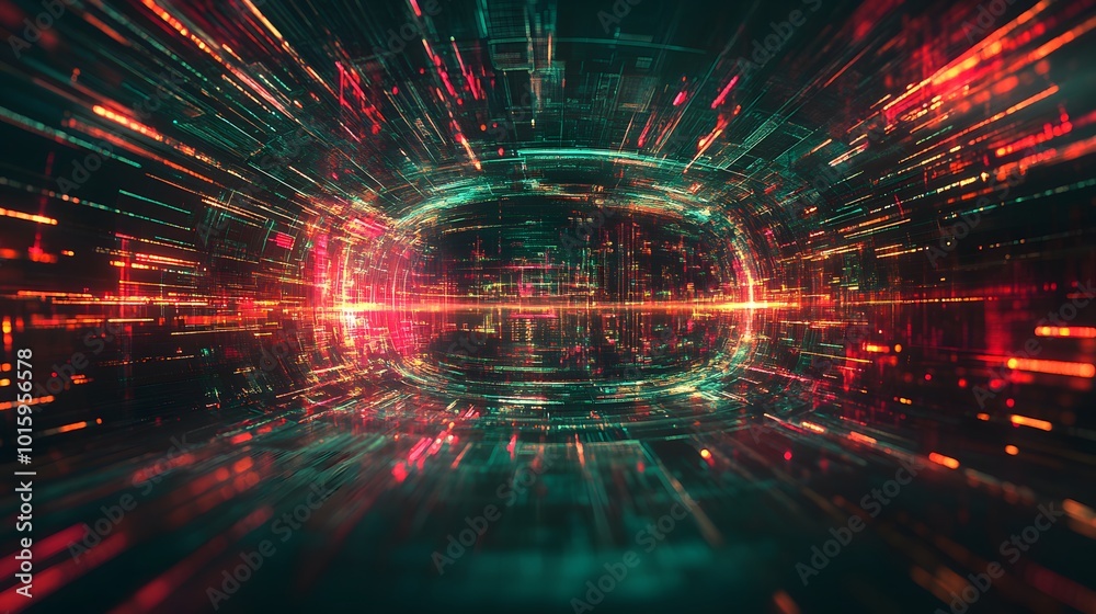 Abstract Digital Tunnel with Red and Green Lights Abstract Digital Tunnel with Red and Green Lights