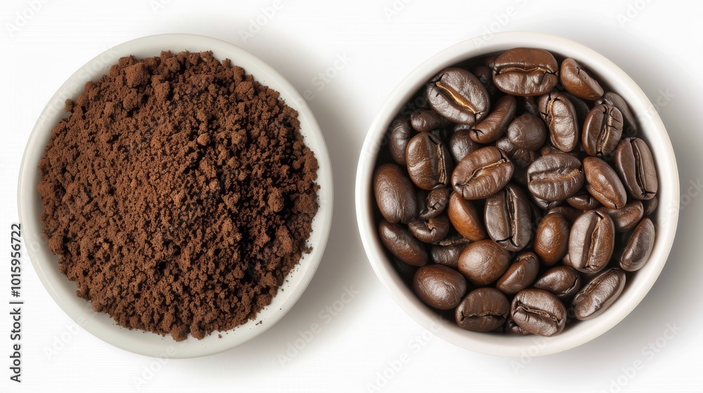 Top view of a bowl containing ground coffee and coffee beans on a white background Top view of a bowl containing ground coffee and coffee beans on a white background