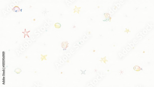 Watercolor Sea Life Pattern with Fish Stars and Seaweed