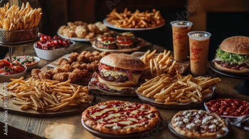 Mark Greasy Food Day with a tantalizing real picture showcasing an array of indulgent, crispy treats like fries, burgers, and pizza, highlighting their mouthwatering appeal and satisfying allure 