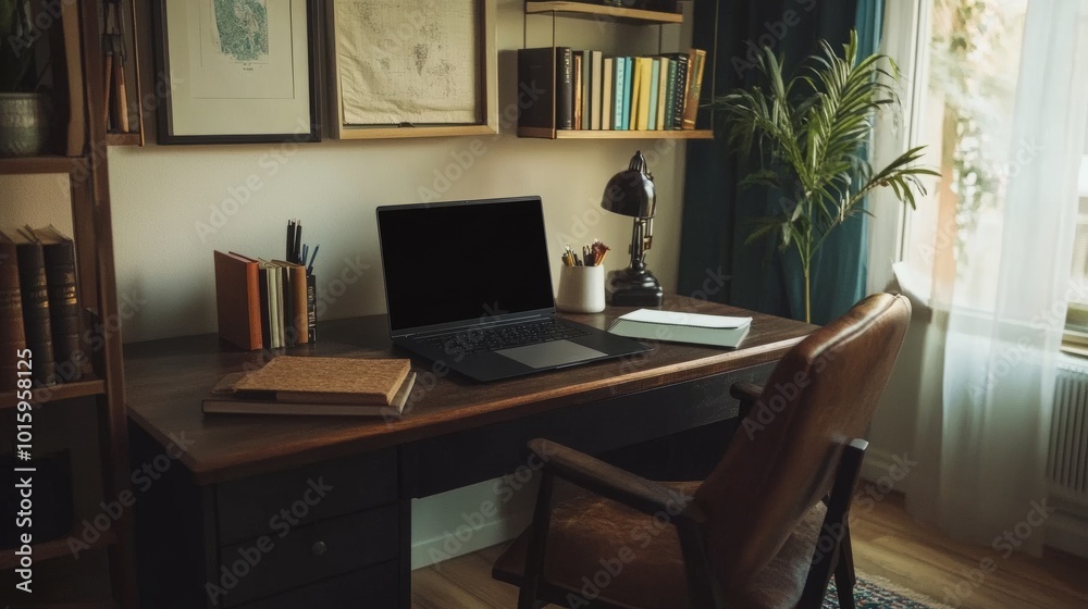 Elegant home office setup with a stylish desk, laptop, chair, black frame, books, and accessories, cozy decor with ample room for copy Elegant home office setup with a stylish desk, laptop, chair, black frame, books, and accessories, cozy decor with ample room for copy