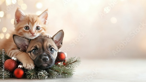 Adorable kitten and puppy posed together in a cozy veterinary clinic with christmas decor