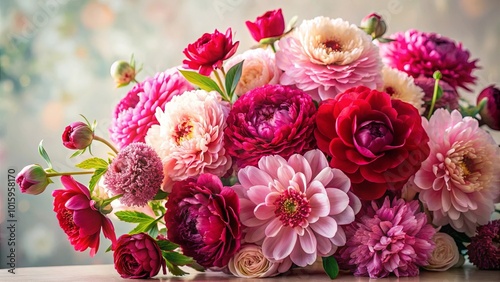 A vibrant bouquet of delicate pink, crimson, and fuchsia flowers, showcasing the natural beauty of blooming petals and the subtle play of light on their surfaces.
