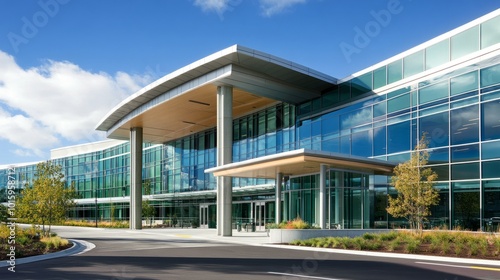 Exterior view of a contemporary hospital building, featuring large glass windows, sleek lines, and innovative architecture