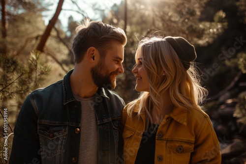 Young couple in love on a walk in the forest at sunset.