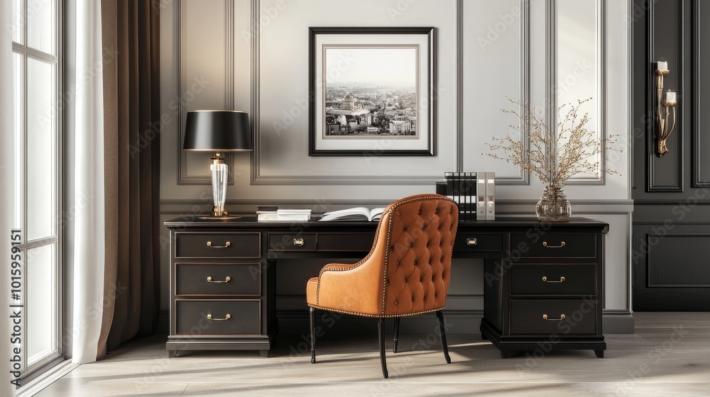 Fancy home office interior featuring a stylish desk, commode, elegant chair, black frame, and decorative items, ample copy space for a cozy, professional look Fancy home office interior featuring a stylish desk, commode, elegant chair, black frame, and decorative items, ample copy space for a cozy, professional look