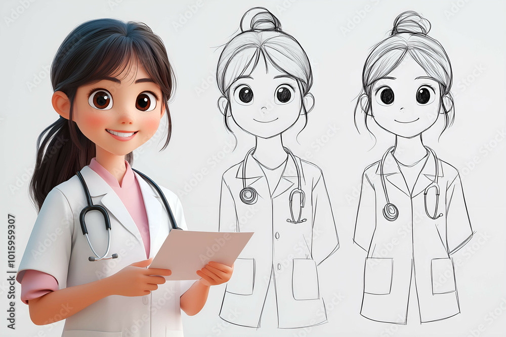3D A cheerful animated girl in a doctor's coat holds a clipboard, With Sketch portraits of doctor. 3D A cheerful animated girl in a doctor's coat holds a clipboard, With Sketch portraits of doctor.