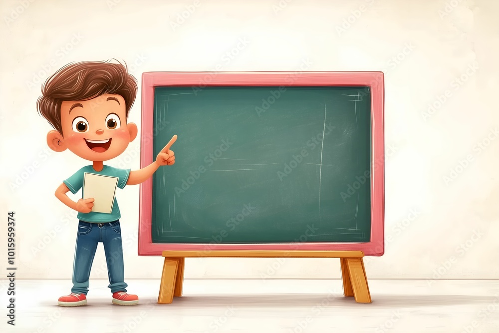 3D A cheerful animated man points at a blank chalkboard, holding a paper, ready to teach or present something fun. 3D A cheerful animated man points at a blank chalkboard, holding a paper, ready to teach or present something fun.
