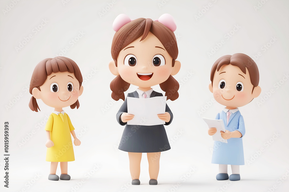 3D A cheerful animated character holds sheets of paper, showcasing different angles in a playful and engaging manner 3D A cheerful animated character holds sheets of paper, showcasing different angles in a playful and engaging manner