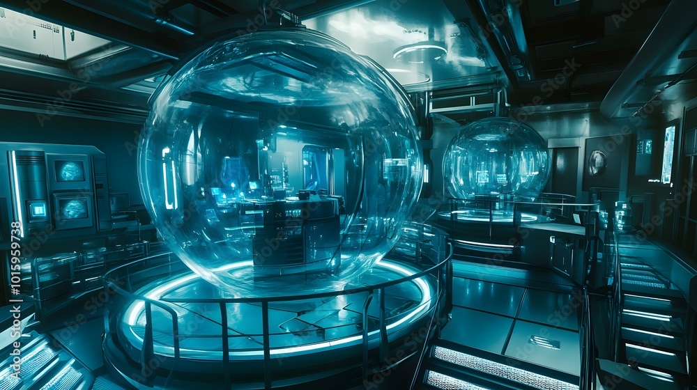 Futuristic Interior Design with Large Glass Domes and Illuminated Stairs Futuristic Interior Design with Large Glass Domes and Illuminated Stairs