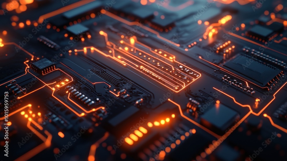 Circuitry illuminated by a glowing orange light Circuitry illuminated by a glowing orange light