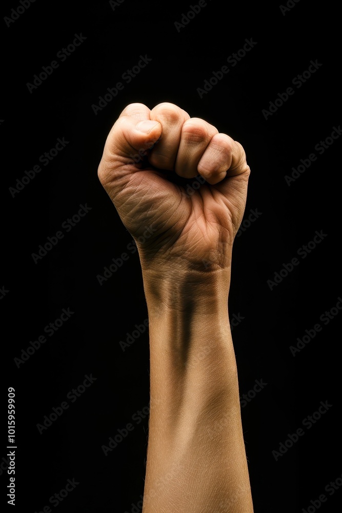 A raised fist against a black background symbolizes strength, resistance, and empowerment, This image is ideal for use in activism, motivational content, or themes centered around social justice,