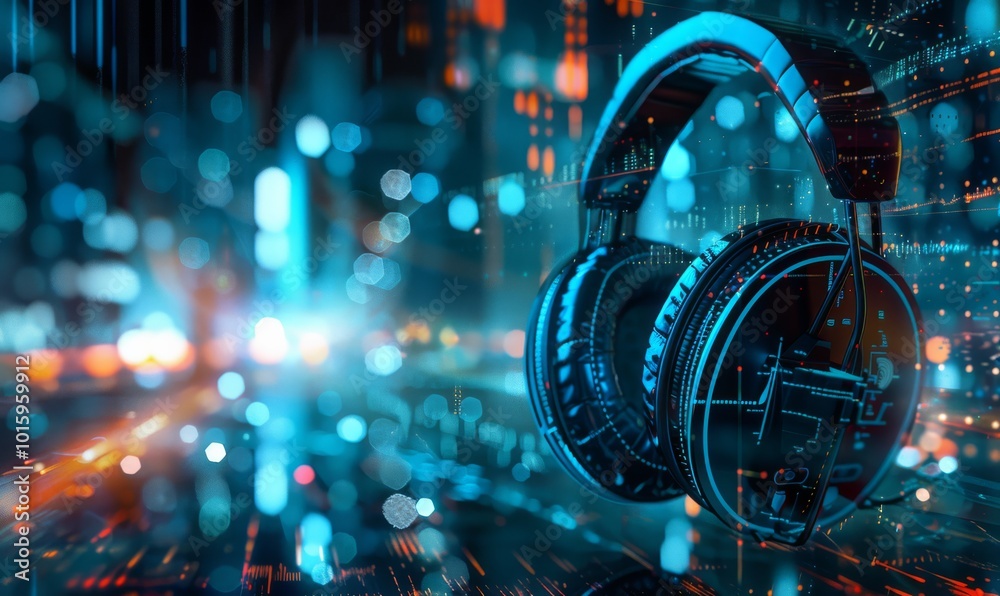 Fototapeta premium Glowing music sheets notes with headphones on beautiful lights bokeh background.