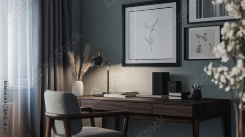 Home office design with a chic chair, stylish desk, black mock-up frame, and elegant accessories, cozy yet professional atmosphere with ample text space