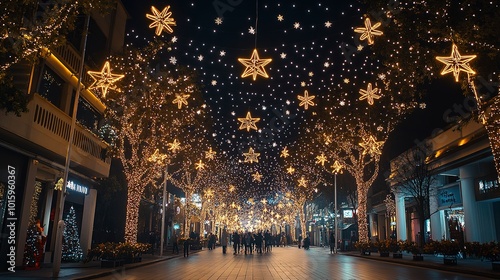 photograph of main road in the city decorated christmas lights People walking and shopping old building scenery black sky decorated with stars It conveys the atmosphere of the festival, happiness 