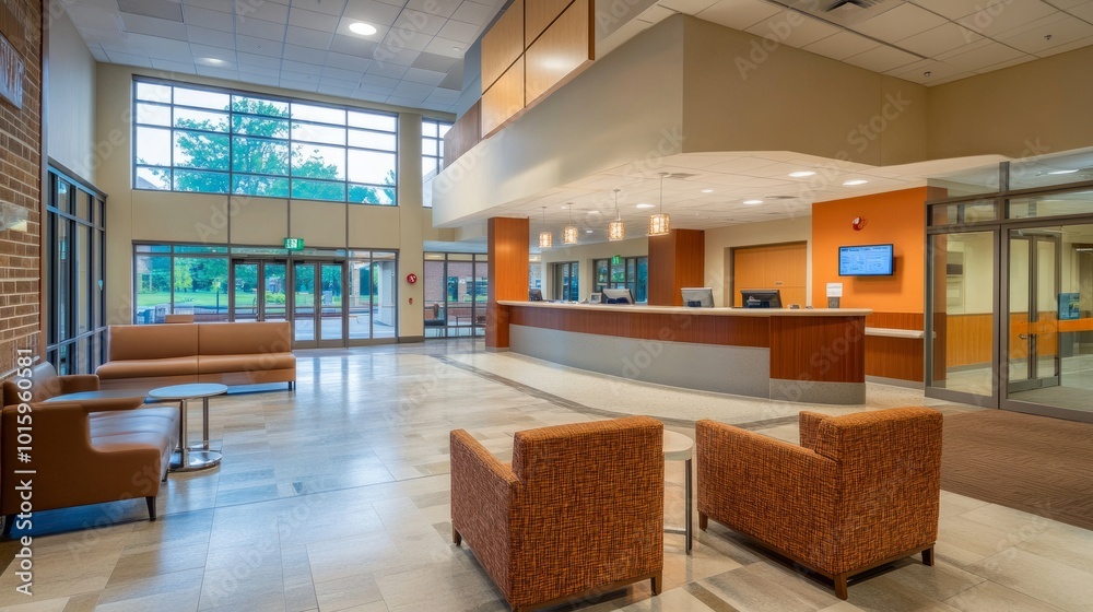 Hospital reception area with modern furniture, a clean design, bright lighting, and ample space, showcasing functional healthcare architecture Hospital reception area with modern furniture, a clean design, bright lighting, and ample space, showcasing functional healthcare architecture