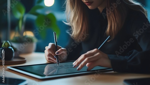 Woman using a stylus on a tablet to create a digital design photo