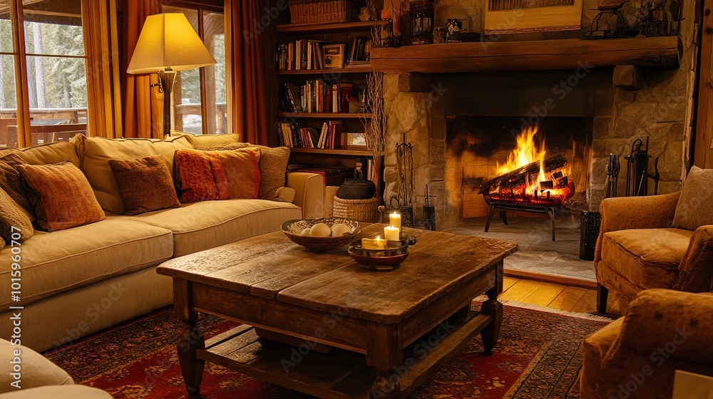 Photo image of a warm and cozy living room with a plush sectional sofa, rustic wooden coffee table, and inviting armchairs around a crackling fireplace. Photo image of a warm and cozy living room with a plush sectional sofa, rustic wooden coffee table, and inviting armchairs around a crackling fireplace.