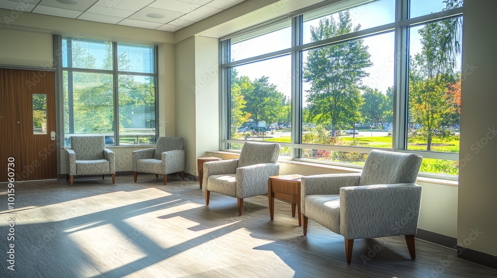 Hospital waiting room with comfortable chairs, modern furniture, and large windows, bright and clean space designed for patient comfort Hospital waiting room with comfortable chairs, modern furniture, and large windows, bright and clean space designed for patient comfort