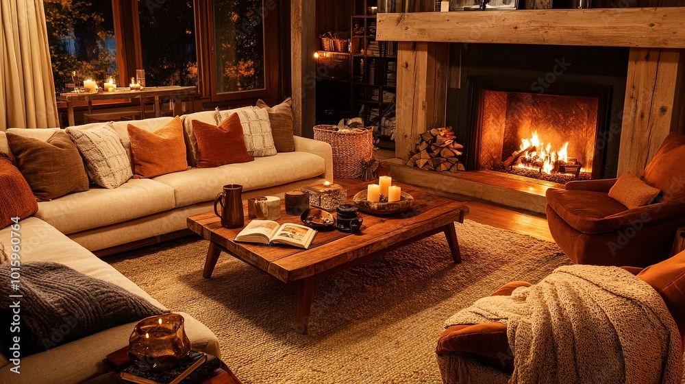 Photo image of a warm and cozy living room with a plush sectional sofa, rustic wooden coffee table, and inviting armchairs around a crackling fireplace. Photo image of a warm and cozy living room with a plush sectional sofa, rustic wooden coffee table, and inviting armchairs around a crackling fireplace.