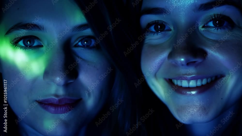Two women smiling in blue-green ambient lighting close-up portrait Two women smiling in blue-green ambient lighting close-up portrait
