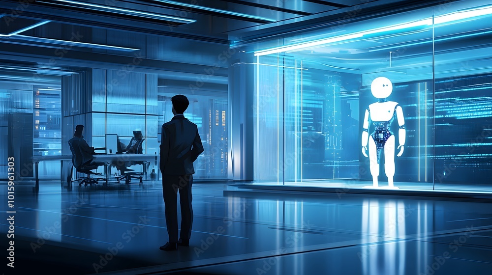Futuristic Office with Robot and Businessman Futuristic Office with Robot and Businessman