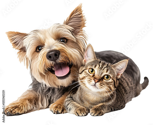 A cute and playful mixed breed terrier dog and a tabby cat laying together with happy expressions. Extracted on transparent background.