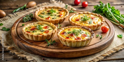 Savory Mini Quiches with Creamy Filling, Topped with Fresh Herbs and Cherry Tomatoes on Rustic Wooden Surface