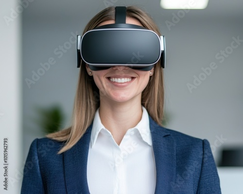 Smiling woman wearing virtual reality headset in modern office setting.