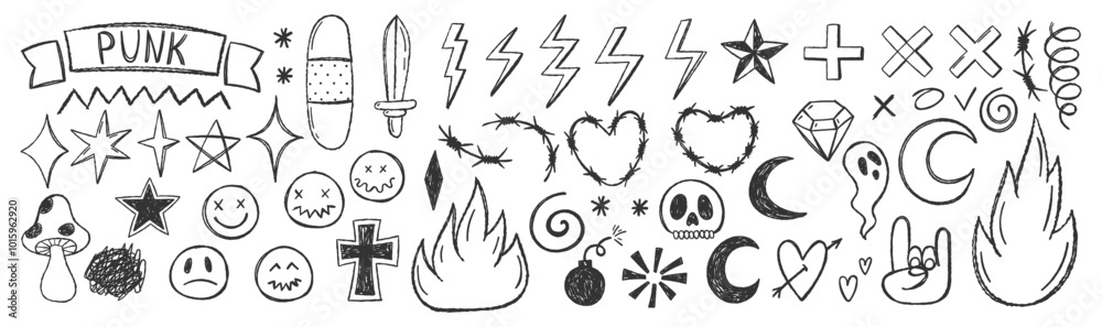 Grange punk elements with chalk or crayon texture. Hand drawn heart, emoji, flame. Doodle vector illustration.