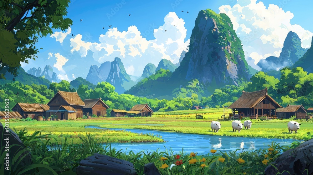 Obraz premium Idyllic Rural Landscape with Wooden Houses, River, and Sheep
