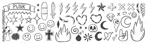 Grange punk elements with chalk or crayon texture. Hand drawn heart, emoji, flame. Doodle vector illustration.
