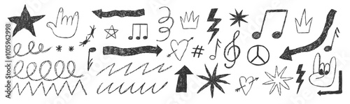 Grange punk elements with chalk or crayon texture. Hand drawn heart, crown, music notes and underlines. Doodle vector illustration.