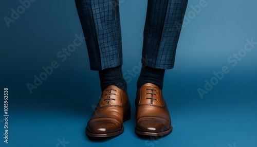 Brown Leather Oxford Shoes with Blue Checkered Pants photo