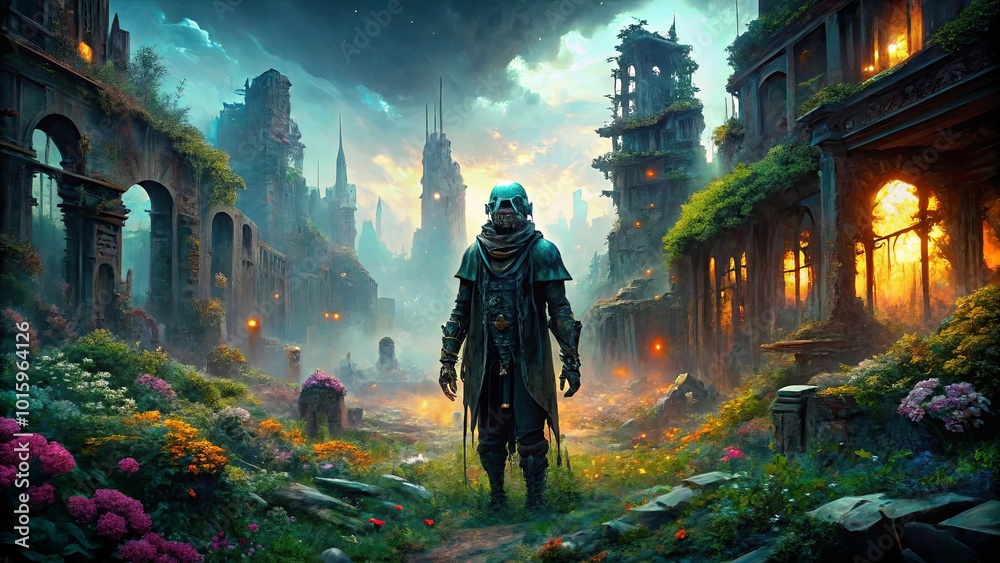 A solitary figure stands amidst the remnants of a forgotten civilization, a testament to the resilience of life in the face of decay A solitary figure stands amidst the remnants of a forgotten civilization, a testament to the resilience of life in the face of decay