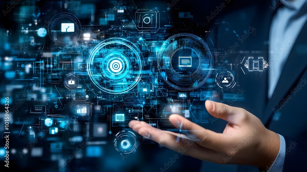 Hand Holding Futuristic Digital Interface with Technology Icons Hand Holding Futuristic Digital Interface with Technology Icons