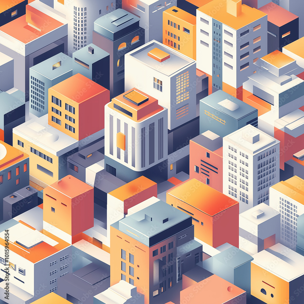 The image is a cityscape with many buildings, some of which are orange and white. The buildings are arranged in a way that creates a sense of depth and perspective The image is a cityscape with many buildings, some of which are orange and white. The buildings are arranged in a way that creates a sense of depth and perspective