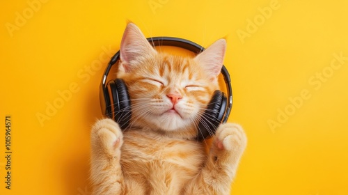 Cute ginger cat listening to music with headphones on yellow background.